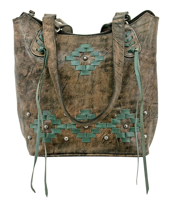 Tribal Weave Zip Top Bucket Tote - Charcoal Brown