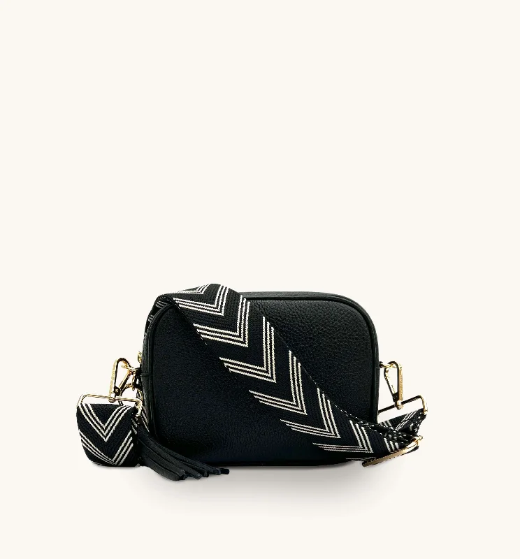 The Tassel Black Leather Crossbody Bag With Black & Stone Arrow Strap