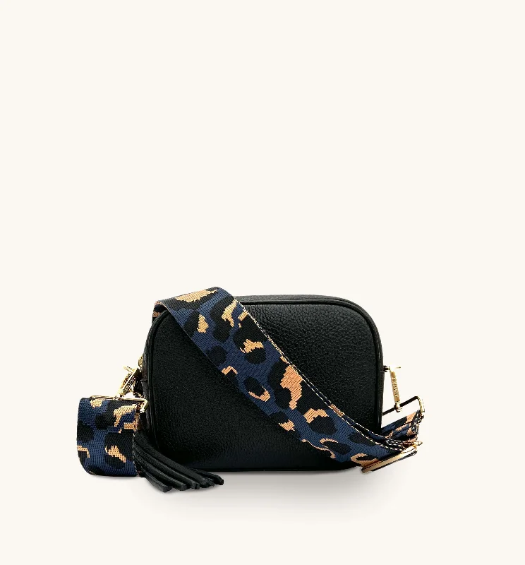 The Tassel Black Leather Crossbody Bag With Navy Leopard Strap