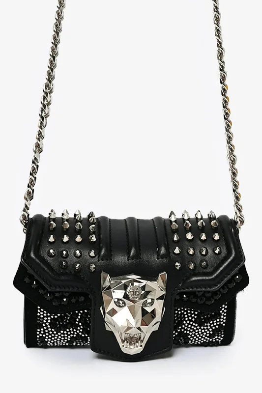 Philipp Plein Black Leather Crystal Embellished Crossbody