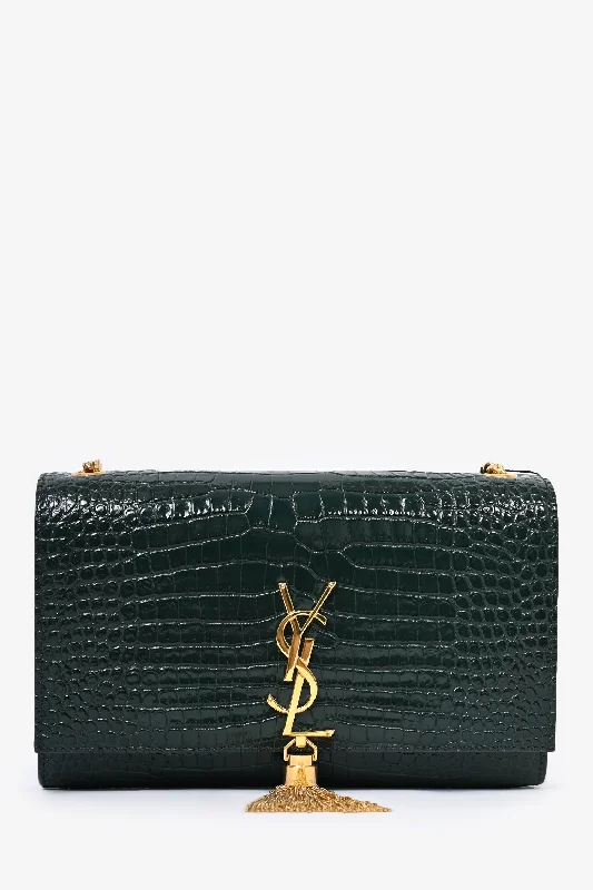 Saint Laurent 2019 Green Croc Embossed Medium Kate Tassel Shoulder Bag