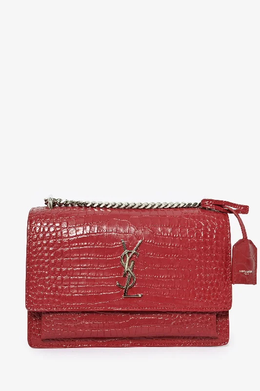 Saint Laurent Red Croc Embossed Leather 'Sunset' Medium Crossbody Bag