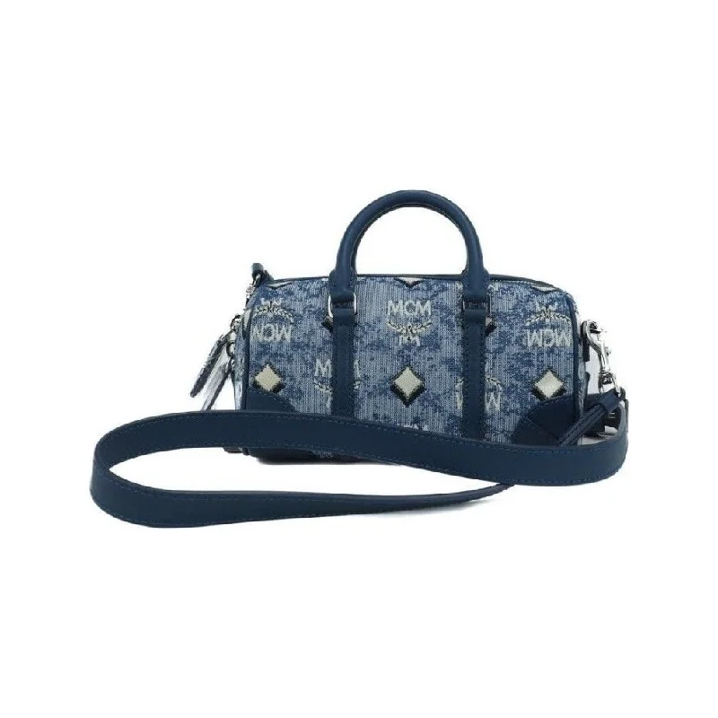 MCM Boston Mini Blue Vintage Jacquard Logo Fabric Satchel Crossbody Handbag