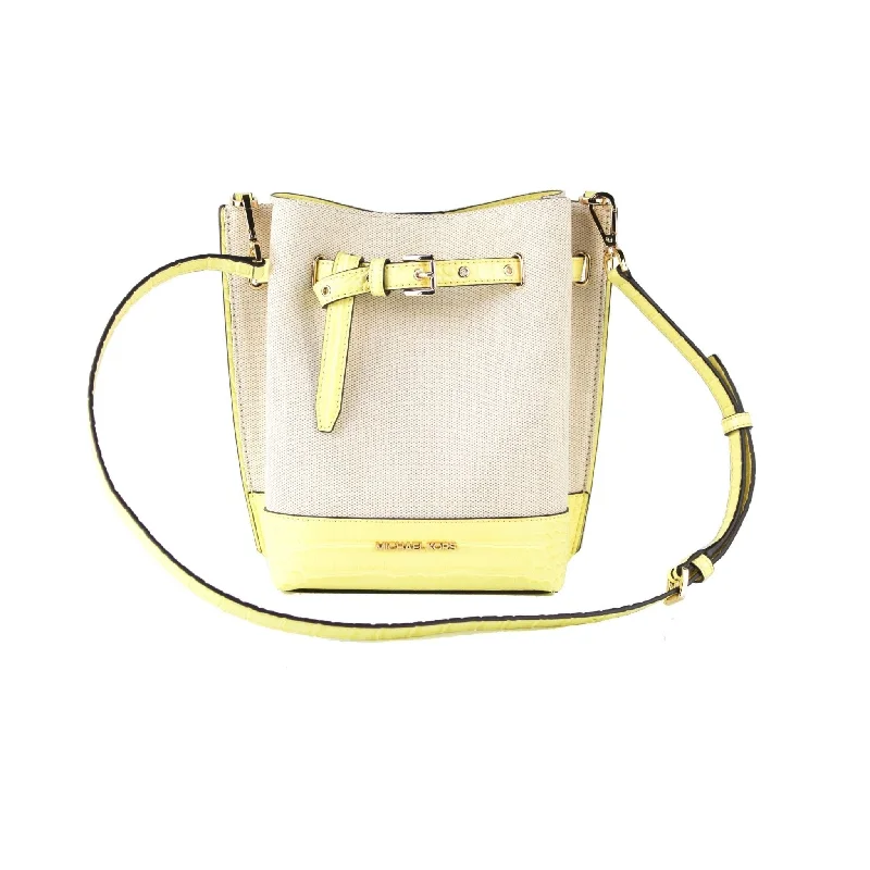 Michael Kors Emilia Small Canvas Snakeskin Print Leather Bucket Bag Messenger Crossbody Handbag (Buttercup)