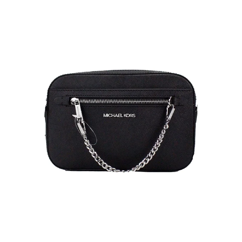 Michael Kors Jet Set East West Large Black Leather Zip Chain Crossbody Bag