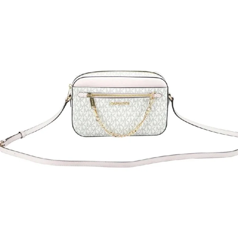 Michael Kors Jet Set Item Large East West Signature Leather Zip Chain Crossbody Handbag (Vanilla PVC/Powder Blush)