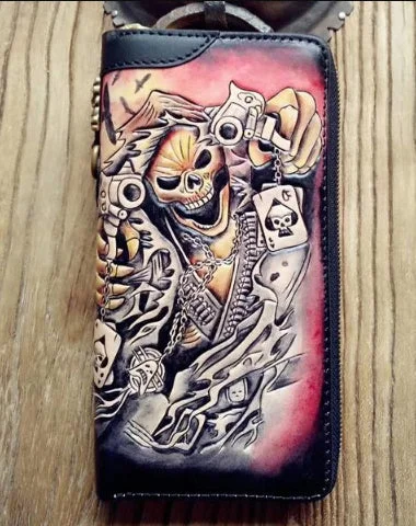 Handmade Leather Mens Clutch Wallet Cool Skull Ghost Rider Tooled Chain Wallet Biker Wallets for Men