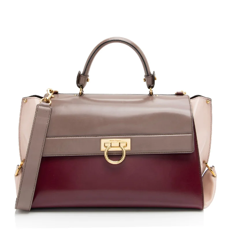 Salvatore Ferragamo Patent Leather Tricolor Gancini Sofia Medium Satchel (SHF-TxFQvD)